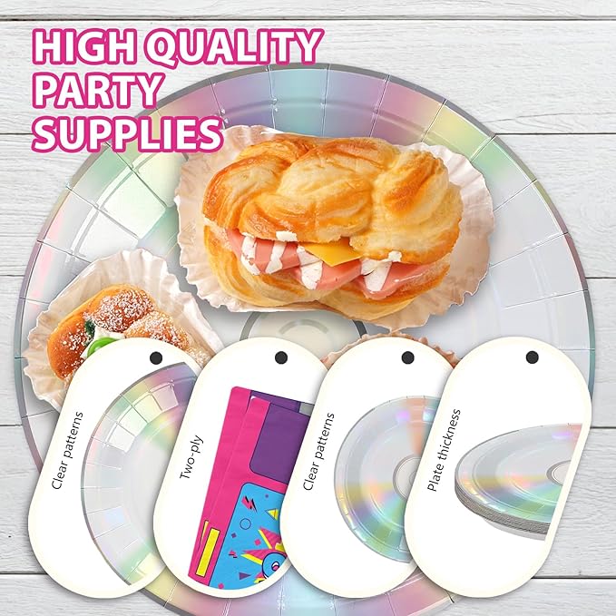 96 Pcs 90's Party Decorations Retro 90s Mix CD Plates and Napkins Disposable 1990s Disco Music Theme Tableware Set for Men Women 1990s 2000s Y2k Birthday Baby Shower Party Supplies Serves 24