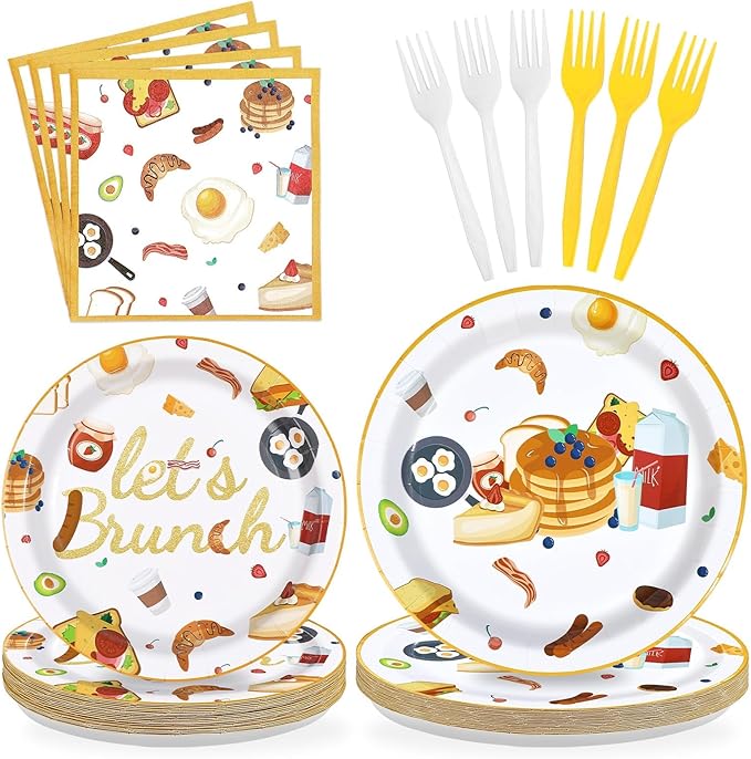 96Pcs Let's Brunch Party Supplies Breakfast Food Theme Plates and Napkins Brunch Tableware Set for Birthday Baby Shower Bachelorette Bridal Shower Party Supplies，Serves 24
