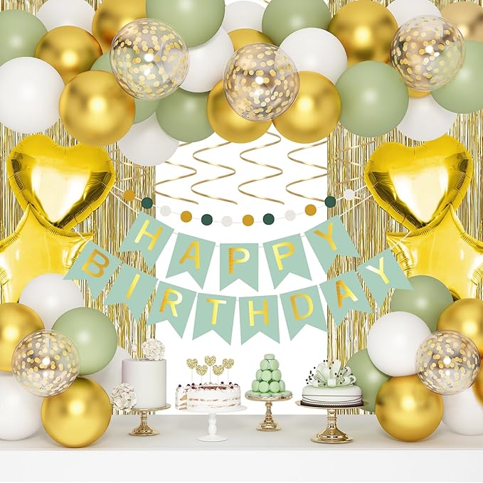 Sage Green Party Decorations, Gold and Olive Green Balloons Birthday Decor for Women Happy Birthday Party Balloons for Men Women Boys Girls Baby Shower Birthdays Supplie for 16th 18th 21st 30th 40th