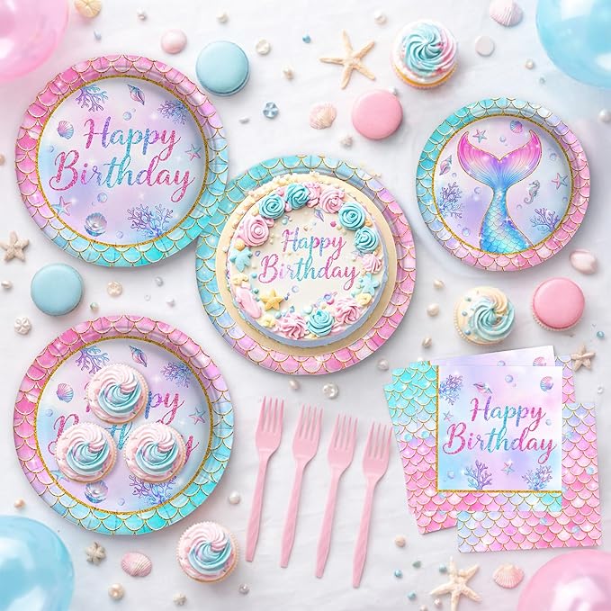 96 Pcs Mermaid Plates and Napkins Tableware Set (Serve 24), Mermaid Birthday Party Decorations, Party Supplies Include Plates Napkins Plastic Forks for Baby Shower