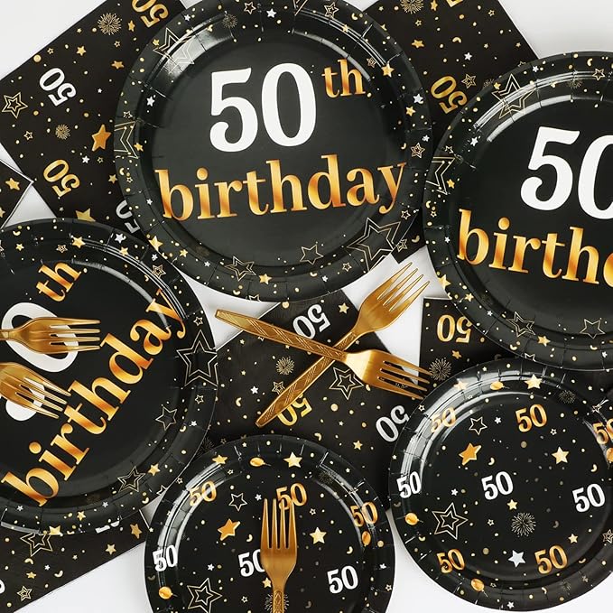 gisgfim 96 Pcs 50th Birthday Party Supplies Paper Plates Napkins Golden Happy Fifty Theme 50th Birthday Decorations Favors for Man and Women Serves 24