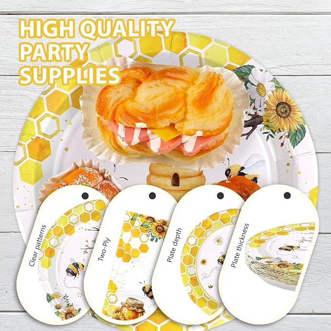 168Pcs Bee Birthday Party Decorations Bumble Bee Party Supplies Include Plates, Cups, Napkins, Forks,Honey Bees Tableware Sets for Girls Boys Baby Shower Gender Reveal Bees Day Decorations Serves 24 ﻿