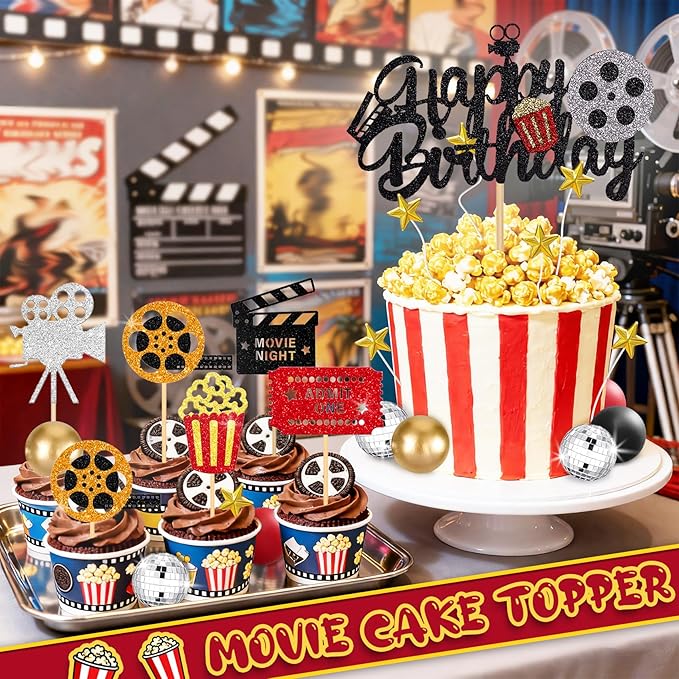 39Pcs Movie Cake Topper Theater Cake Decorations for Movie Themed Birthday Party Supplies