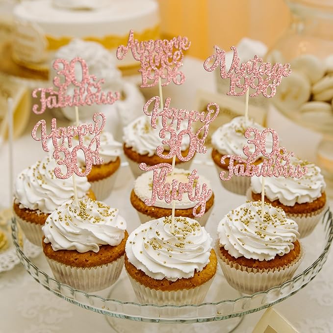 30Pcs Vintage 1995 Cupcake Toppers Glitter Thirty 30 Fabulous Happy 30th Birthday Cupcake Picks Cheers to 30 Years for 30th Birthday Anniversary Party Cake Decorations Supplies Rose Gold