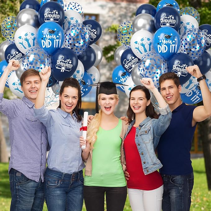 Graduation Party Decorations Balloons Set, 50PCS 12 Inch Blue White Silve Confetti Party Latex Balloon for Class Of 2025 Graduation Party Decoration Supplies