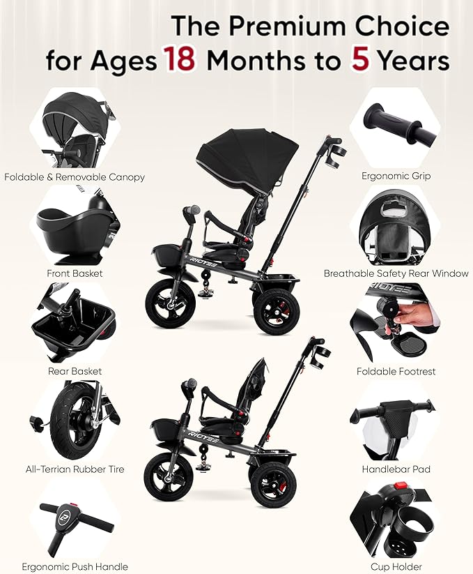 7-in-1 Tricycle for 18 Months to 5 Years, All-Terrain Rubber Tires, Dual Wheel Brakes, Rotatable Seat for Toddlers 1.5-3, Tricycle for 3-5 Years with DIY Stickers, Grey