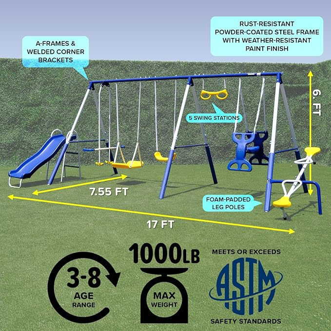 Sportspower Super 9 Metal Swing Set for Outdoor Backyard Play: Teeter Totter, Glide Ride, Roman Glider, Standing Swing, Trapeze, 5ft Slide, Anchor Kit, 7.5' D × 17.1' W × 6.1' H