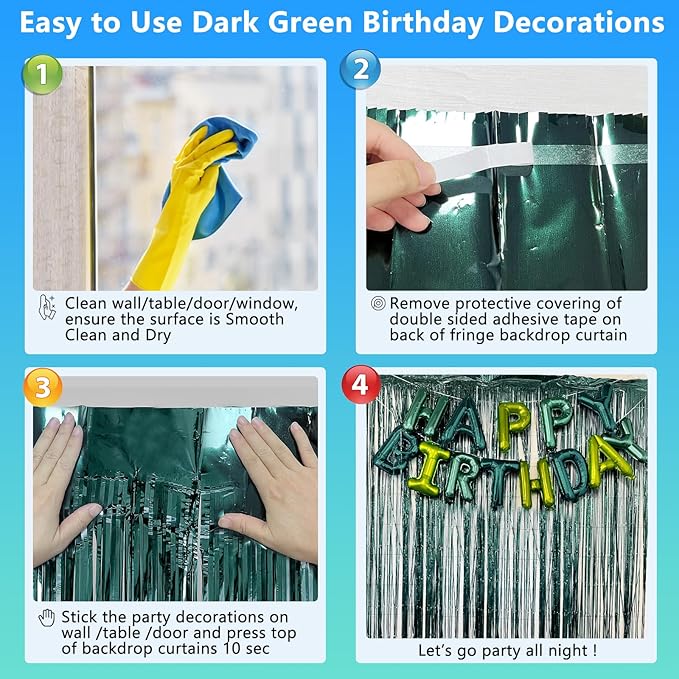 Dark Green Party Birthday Decorations Door Streamers Fringe Tinsel Foil Curtain, 2 Pack 3.3x8.2ft Dark Green Backdrop for Birthday Jungle Party Dinosaur Animal St Patrick's Day Christmas Decorations