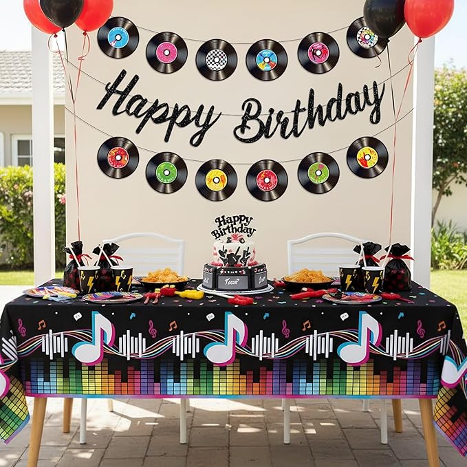 3 Pcs Rock and Roll Birthday Party Decorations - Vinyl Records Birthday Banners, Retro Glitter Vinyl Record Banner Garland for 50s 60s 70s Rock and Roll Music Theme Party Decorations Supplies