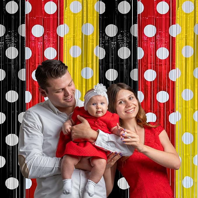 Red Black Yellow Foil Fringe Curtains Birthday Decorations, 2 Pack 3.2x6.6ft Mouse Color Tinsel Streamers Backdrop Baby Shower Cartoon Mouse Birthday Party Decorations Supplies