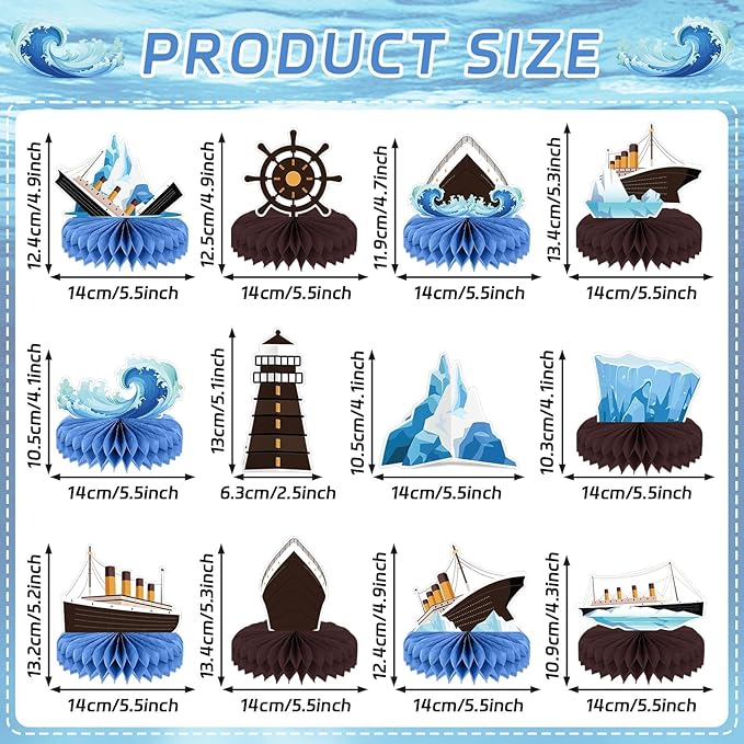 12Pcs Nautical Party Supplies Cruise Ship Birthday Honeycomb Centerpieces for Ocean Party Decorations Ship Theme Table Honeycomb for Ocean Cruise Liner Nautical Winter Birthday Party Favors
