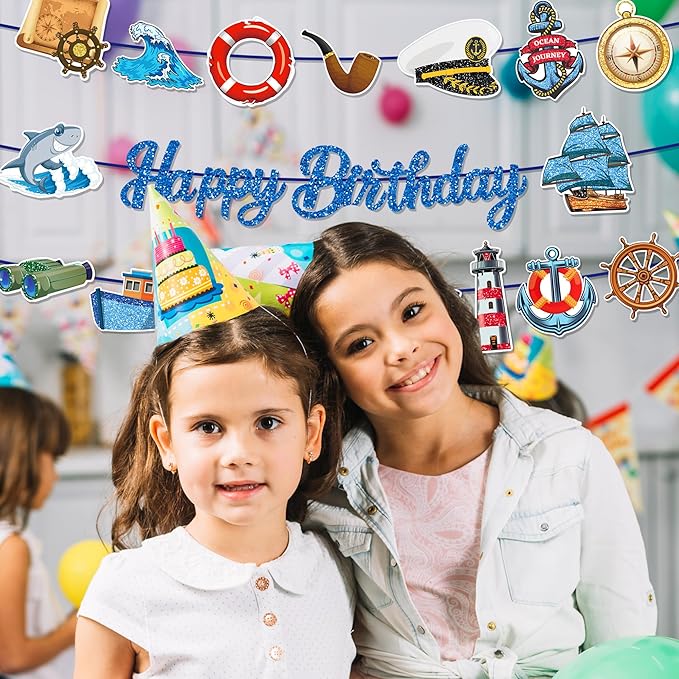 CC HOME 3Pcs Sailing Navigation Happy Birthday Banner Pirate Navy Party Hanging Banner Career Theme Birthday Bridal Wedding Baby Shower Boys Girls Kids Home Classroom Party Supplies Decorations