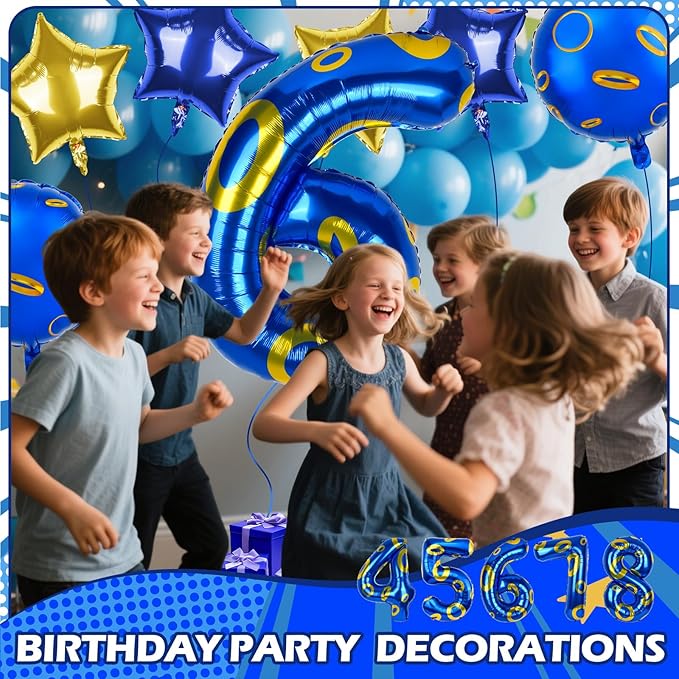 40 Inch Blue and Golden Ring Themed Number Balloon, Number Block Foil Number 6 Balloons Large Big Numbers Helium Balloon for Girls Boys 6th Birthday Theme Party Decorations (Number 6)