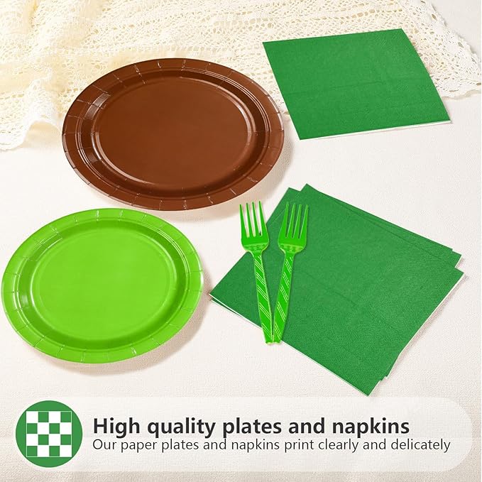 96Pcs Green and Brown Pixel Paper Plates Napkins and Forks Pixel Birthday Party Supplies Disposable Dessert Tableware Set for Video Game Party Decorations Serve 24