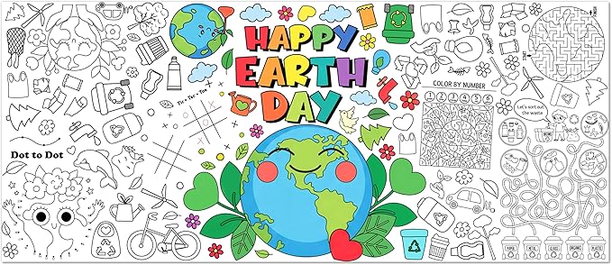 Dvbonike Jumbo Happy Earth Day Coloring Activity Poster - Planet Mini Fun Games DIY Drawing Color-in Paper 55.1 x 23.6 Inch Blank Doodle Art Banner, Home School Educational Event Party Supplies