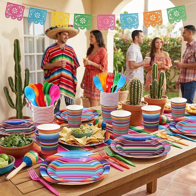 450 Pcs Mexican Serape Fiesta Party Tableware Set Decorations Cinco De Mayo Paper Plates Colorful Stripes Napkins Cups Cutlery Straws for Taco Carnival Birthday Party Supplies, Serves 50
