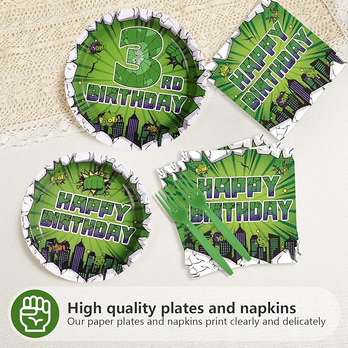 96Pcs Green Hero 3rd Birthday Party Supplies Super Green Hero 3rd Birthday Plates and Napkins Cityscape Super Bang Cartoon Movie Tableware Set for Kid 3 Year Old Party Supplies，Serves 24