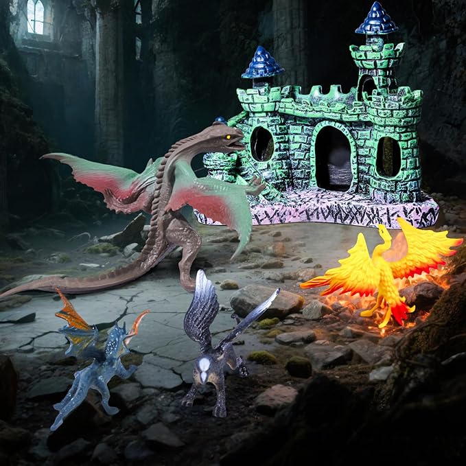 15Pcs Dragon Cake Decorations, Medieval Plastic Dragon Figures with Castle Tree Toys Playset for Kids Birthday Baby Shower Halloween Fantasy Theme Party Supplies