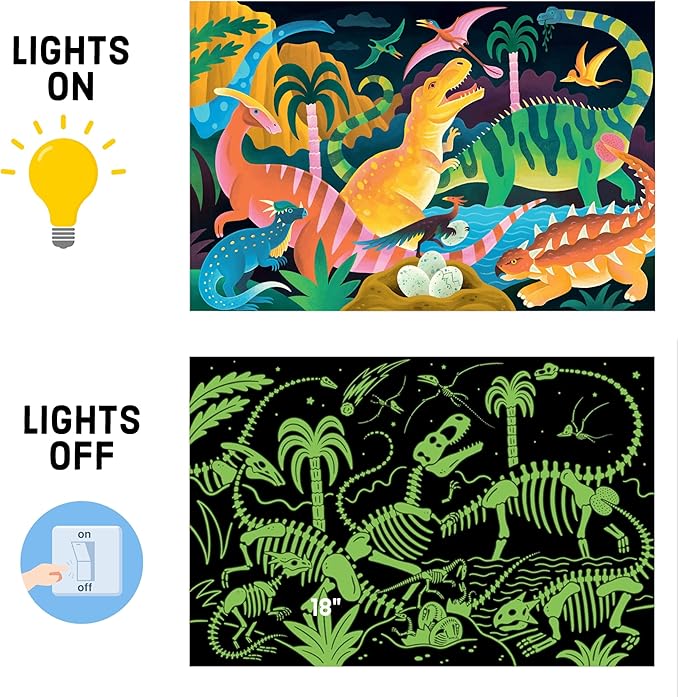 Mudpuppy Dinosaur Park – 100 Piece Glow in The Dark Jigsaw Puzzle with a Prehistoric Scene of Dinosaurs and Hidden Fossil Details in The Dark