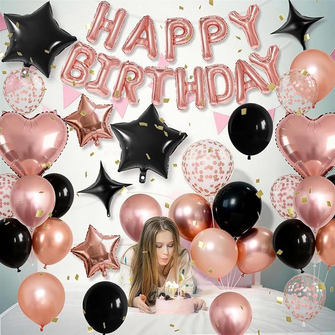 Rose Gold and Black Birthday Decorations for Women Black Pearl Rose Gold Metallic Party Balloons Confetti Balloon Happy Birthday Banner Heart Balloons 18/10 Inch Star Balloon for Bday Party Supplies