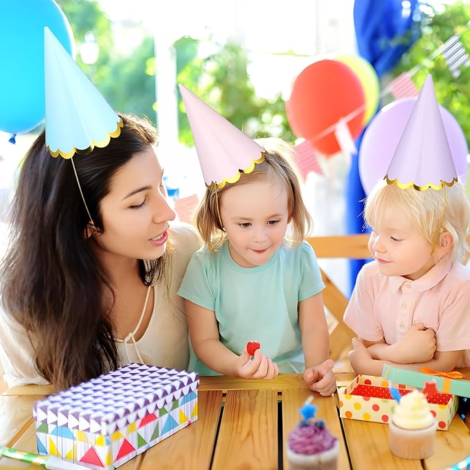 24 Pcs Pastel Birthday Party Hats Colorful Cone Birthday Hats Rainbow Cone Paper Hat with Elastic String for Baby Shower Bridal Wedding Party Supplies