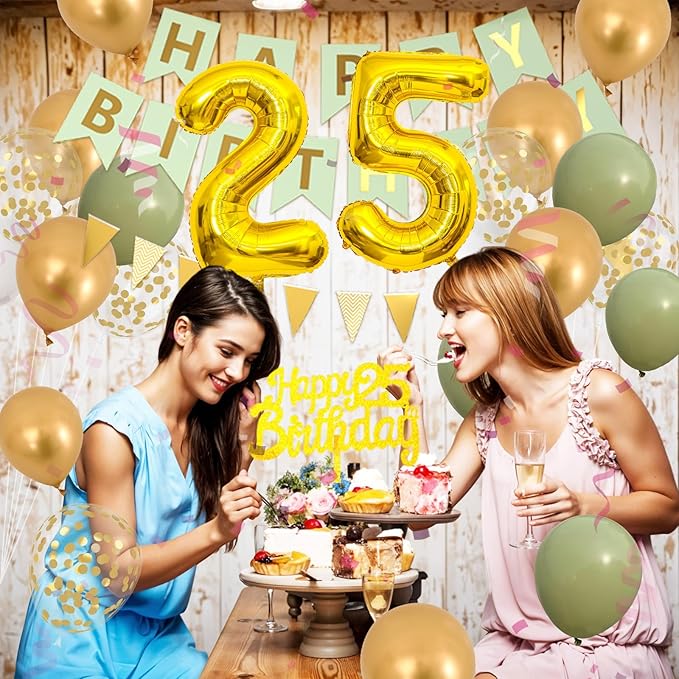 25th Birthday Decorations, Sage Green And Gold Happy Birthday Party Decorations With Number 25 Balloons Olive Green Gold Confetti Balloons Fringe Curtain Banner Cake Topper For 25th Party Supplies