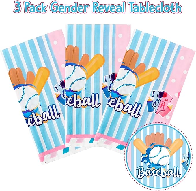 Gender Reveal Table Cover - 3 Packs Sport Baseball or Bow Gender Reveal Disposable Waterproof Plastic Rectangle Table Cloth Gender Reveal Party Favor Decoration Supplies(54x108 Inch)