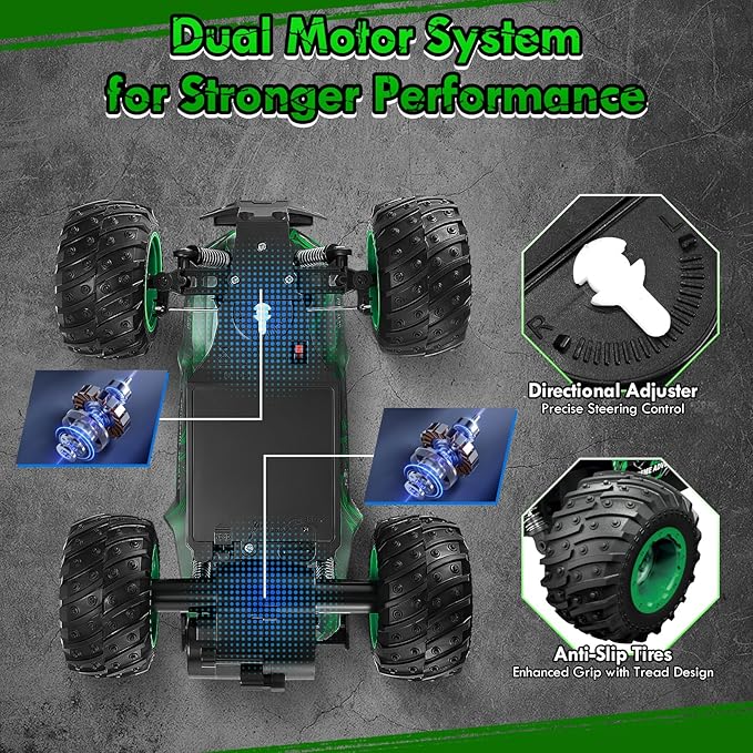 Remote Control Car, 1:18 Rc Cars, All-Terrain RC Truck with LED Light, 20KM/H, Rechargeable, 2WD, 2.4GHz, Sturdy PVC Shell, Remote Control Truck for Boys 4-7 8-12, Beginner (Green)