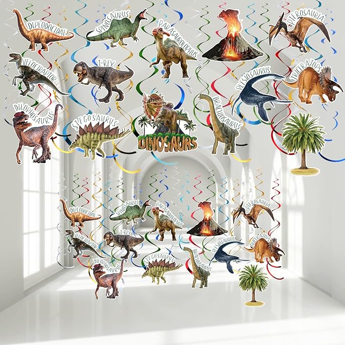 Faccito 57 Pcs Dinosaur Hanging Swirls Birthday Party Decorations Jungle Theme Party Supplies Dinosaur Foil Swirls Ceiling Spiral Streamers for Girl Boy Baby Shower, Only 27 Cards