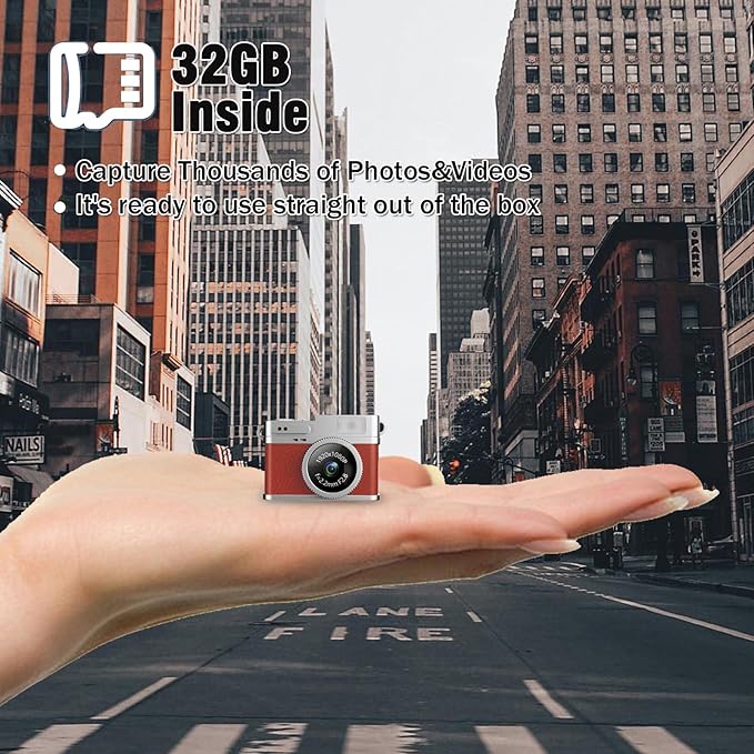KOOMTOOM Keychain Camera,1080P HD Mini Retro Camera,Tiny Digital Photocamera with 32GB SD Card,0.96'' Pocket Video Recorder Gift for Kids Students,Suprise Box Included (Retro Red Brown)