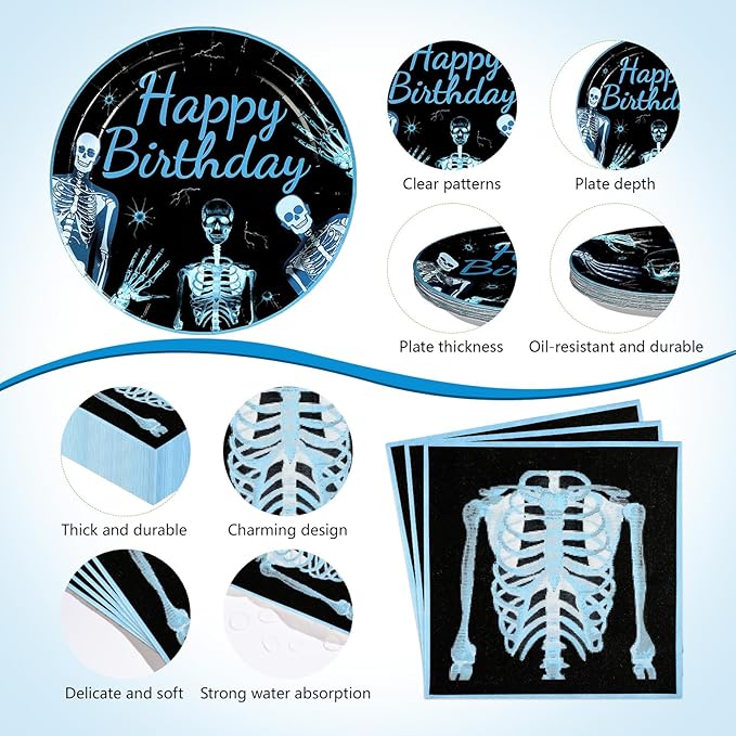170Pcs X Ray Birthday Party Supplies Radiology Plates and Napkins Cups Forks Tablecloth Radiology Medical X Ray Skeleton Goth Theme Tableware Set for Kids Adults Birthday Party Supplies Serves 24