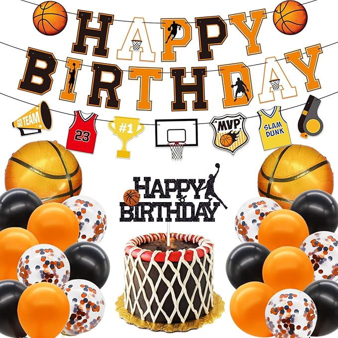 Basketball Birthday Decorations Include Pre-Strung Happy Birthday Banners, NO DIY Cake Topper, Balloons, Slam Dunk Sports Game Day Themed B-Day Party Supplies for Kids Teenagers Boys Men Women