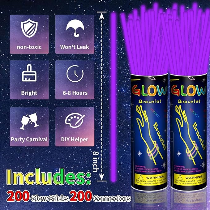 200 Pack 8'' Glow Sticks Bulk Party Favors Purple Light Up Sticks with Connectors Neon Glow in the Dark Party Supplies Bracelets for Holiday Birthday Party Decoration(Purple)