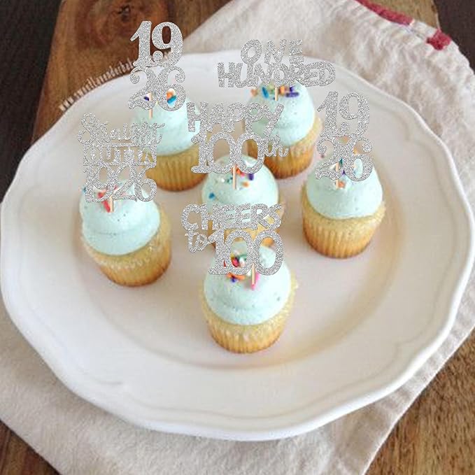 30 PCS 100th Birthday Cupcake Toppers Glitter One Hundred Happy 100 Straight Outta 1926 Cupcake Picks for Cheers to 100 Fabulous 100th Birthday Anniversary Party Cake Decorations Supplier Silver