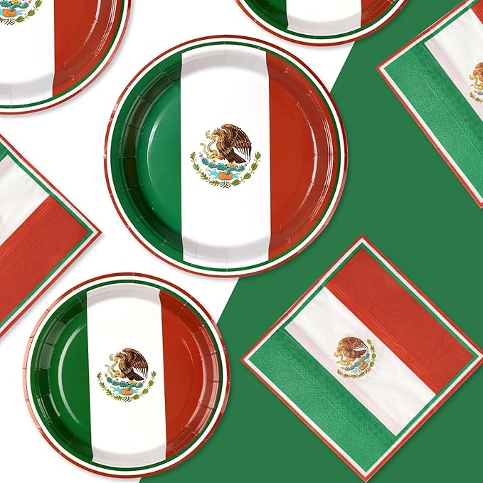 Grencian 96Pcs Mexico Flag Birthday Party Supplies Mexican Flag Party Plates Napkins Forks for Mexican Birthday Party Mexican Independence Day Decorations, Serves 24