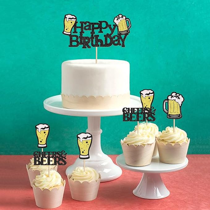 Ercadio 25 PCS Beer Party Cupcake Toppers Cheers and Beers Happy Birthday Decor for Beer Kegs Cake Topper Favor for Summer Family Party Decor Supplies