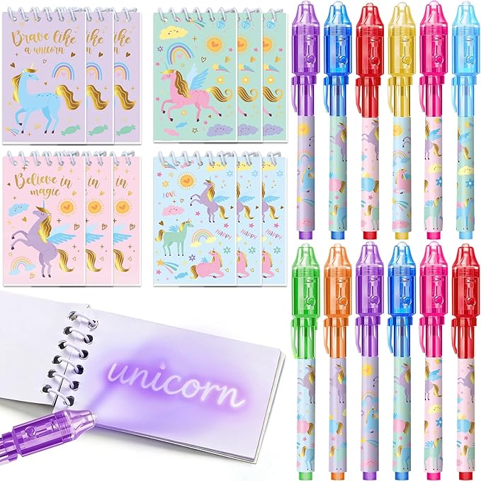 Invisible Ink Pen and Notebook Pack, 24 Pcs Unicorn Party Favors, Spy Pens with UV Light Magic Marker for Secret Message, Birthday Party Favors for Kids Boys Girls Classroom Prize Stationery Set