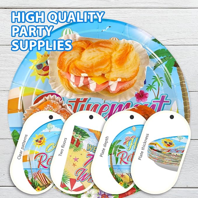 Grencian 96Pcs Tropical Retirement Party Decorations Hawaiian Aloha Retirement Plates and Napkins Disposable Hawaiian Luau Paper Tableware Set for Summer Beach Theme Party Supplies, Serves 24