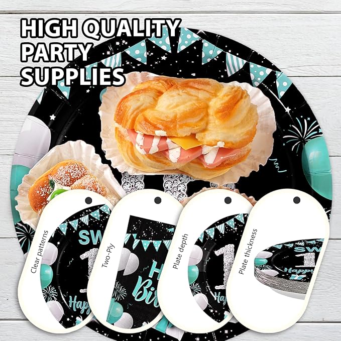96Pcs 16th Birthday Party Supplies Teal Blue and Black Plates and Napkins Disposable Turquoise Sweet 16 Years Old Paper Tableware Set for Boys Girls 16th Birthday Party Decorations Serves 24