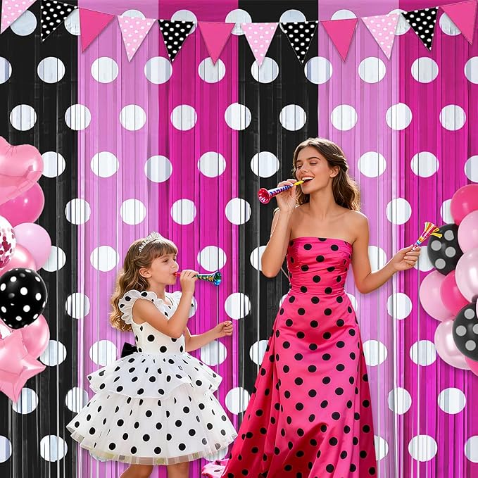 Pink Black Foil Fringe Curtains Birthday Decorations, 4 Pack 3.2x6.6ft Mouse Color Tinsel Streamers Backdrop Baby Shower Cartoon Mouse Birthday Party Decorations Supplies
