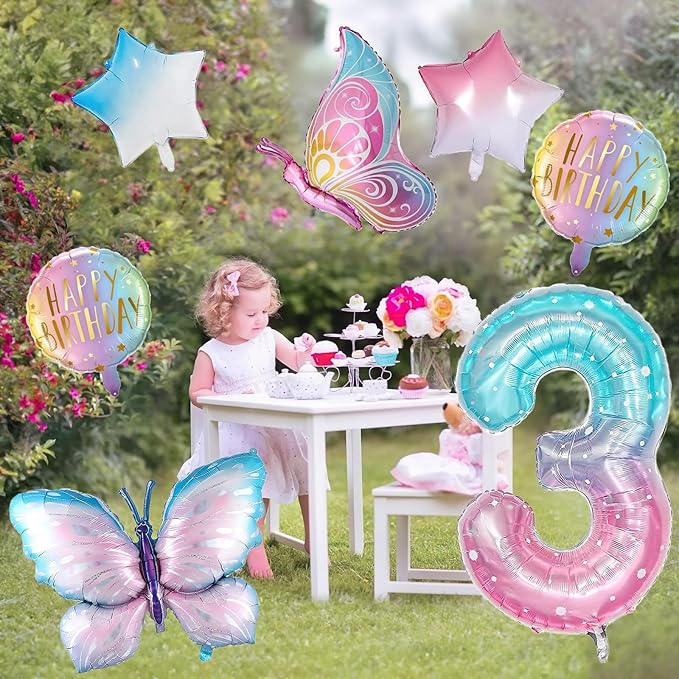 Butterfly 3rd Birthday Decorations for Girls, Gradient Pink Colorful Foil Balloon, Giant Number 3 Mylar Balloon, 3 Years Old Theme Party Supplies Decor