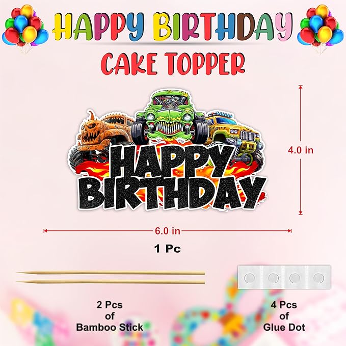Monster Truk Happy Birthday Cake Topper- with Bold Off Road Truck Design, Colorful Racing Vehicle Theme Cake Decoration for Birthday Party Table Display, Dessert Centerpiece, Photo prop.