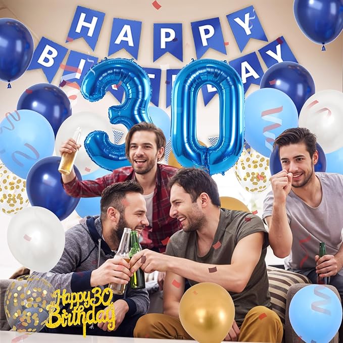30th Birthday Decorations, Dark Happy Birthday Party Decorations With Number 30 Balloons Metallic Gold Pearl White Light Blue Fringe Curtain Banner Cake Topper For Man Woman Party Supplies