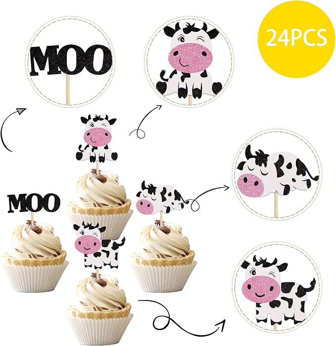 24 PCS Cow Cupcake Toppers Glitter Farm Animals Moo Cupcake Picks Cow Theme Baby Shower Kids Birthday Party Cake Decorations Supplies