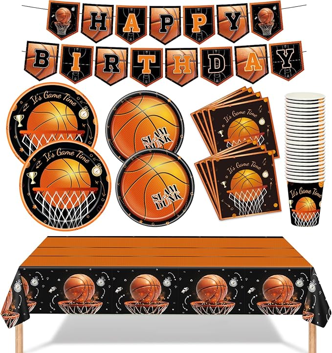 Basketball Party Decorations 98Pcs Basketball Birthday Party Decorations Suppiles Set Include Dinner Plates, Dessert Plates, Napkins, Cups, Banner and Tablecloth Basketball Theme Party Favors Kit