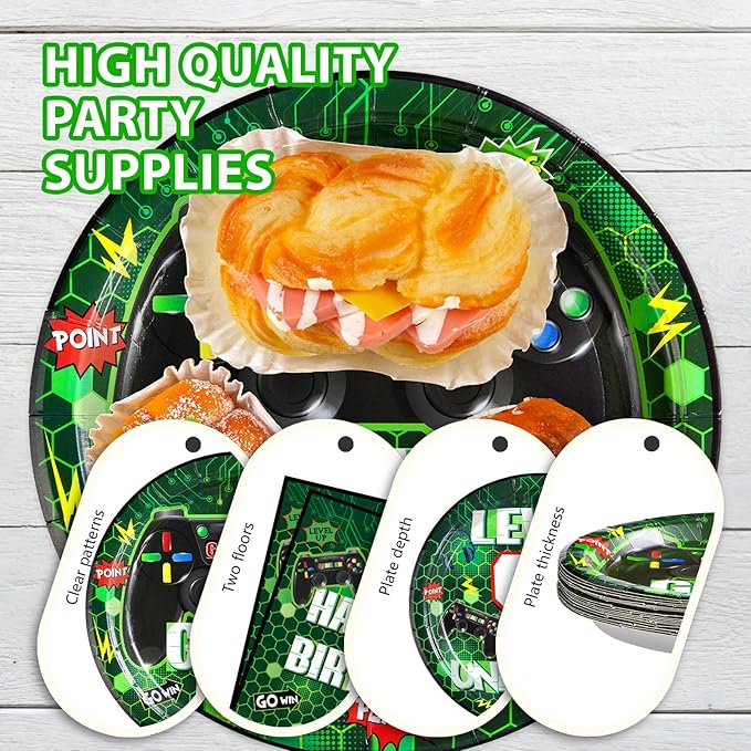 Grencian 96 Pcs 9th Video Game Birthday Party Decorations Green Video Game Level 9 Birthday Plates and Napkins Tableware Sets for Kids Boys 9 Years Old Gamer Gaming Party Supplies Favors Serves 24
