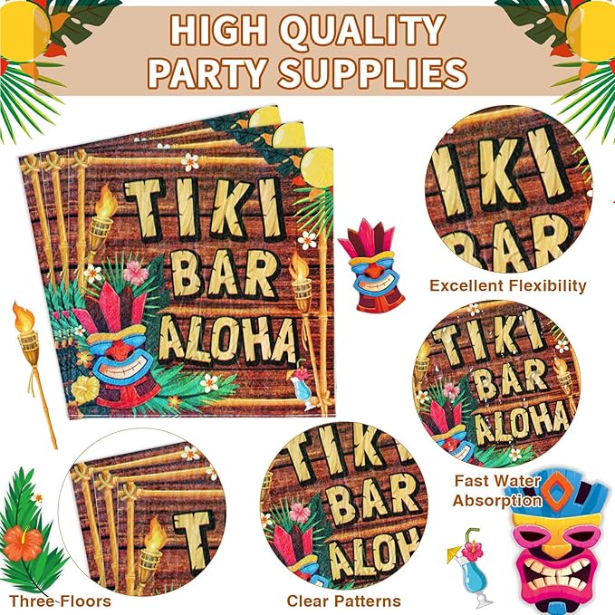Grencian 96Pcs Hawaiian Tiki Party Supplies Tiki Party Plates Disposable 350GSM Hawaiian Aloha Paper Tableware Set for Jungle Tropical Beach Birthday Baby Shower Pool Picnic Decorations, Serves 24