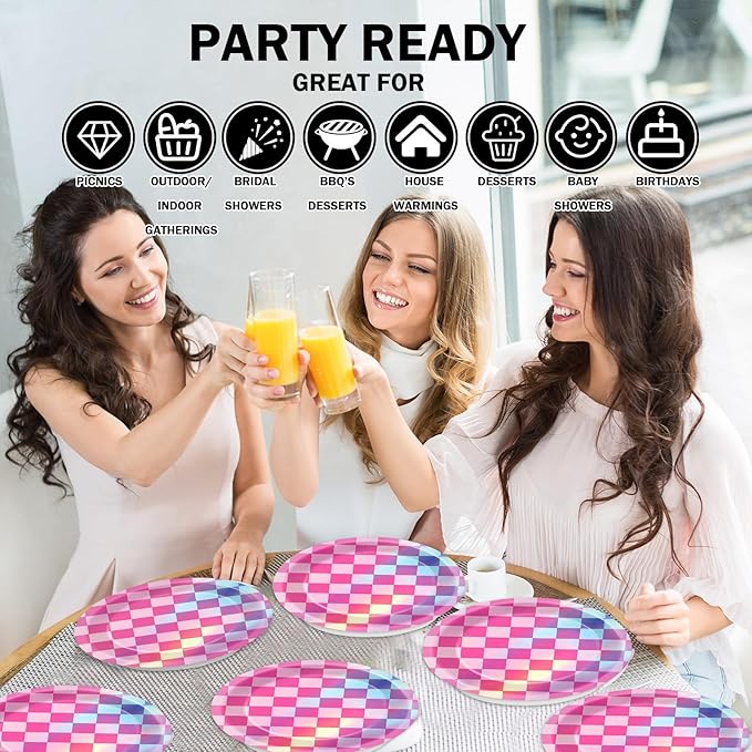 50PCS Pink and Iridescent Checkered Party Plates for Iridescent Party Decorations 7 Inches Laser Round Paper Plates Foil Dessert Plate for Girl Birthday Wedding Baby Shower Parties Supplies