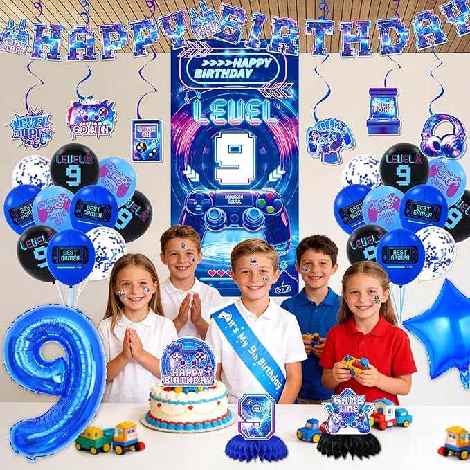 Video Game 9th Birthday Decorations for Boys, Level 9 Birthday Decorations Include Banner Backdrop Sash Honeycomb Centerpieces Hanging Swirls Stickers Cake Topper for Gamer Birthday Party Supplies