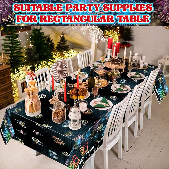 Neon New Year Tablecloth - 3Pack 2026 Happy New Year Eve Glow in The Dark Tablecovers Decoration Rectangle Tablecloth Carnival Party Table